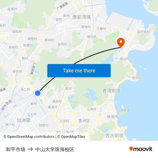 和平市场 to 中山大学珠海校区 map