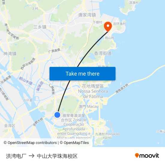 洪湾电厂 to 中山大学珠海校区 map