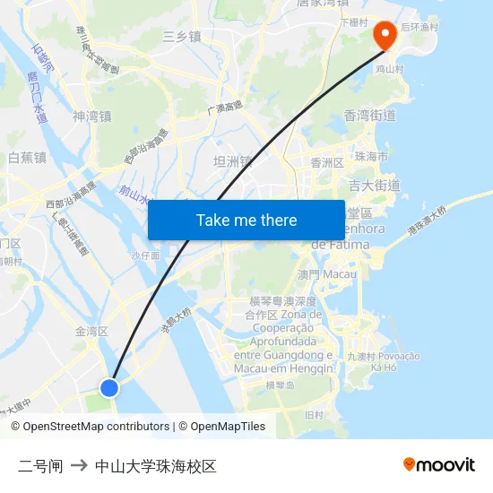 二号闸 to 中山大学珠海校区 map