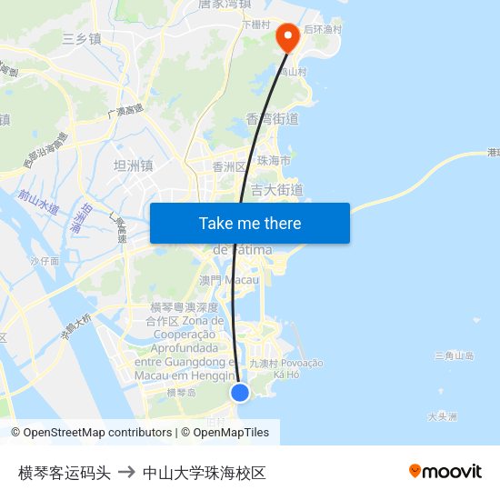 横琴客运码头 to 中山大学珠海校区 map