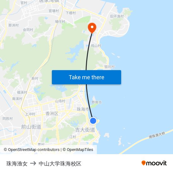 珠海渔女 to 中山大学珠海校区 map