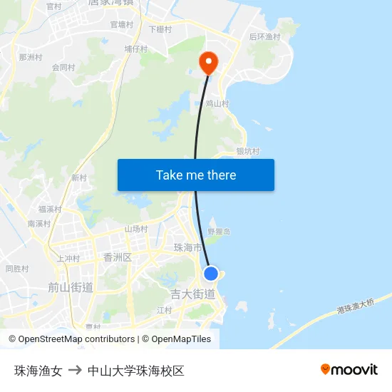珠海渔女 to 中山大学珠海校区 map