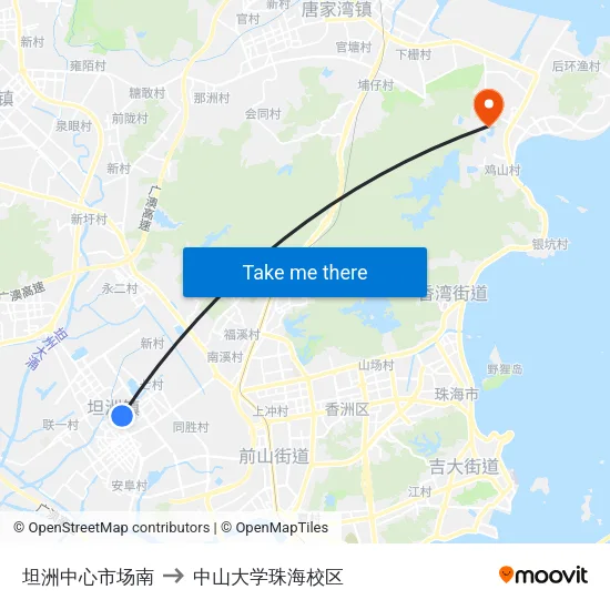 坦洲中心市场南 to 中山大学珠海校区 map