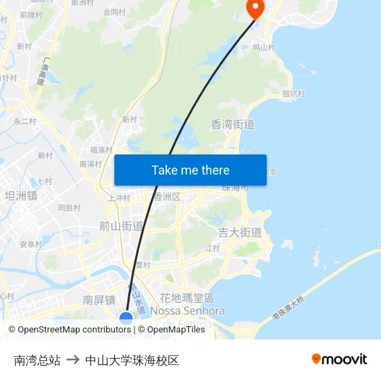 南湾总站 to 中山大学珠海校区 map