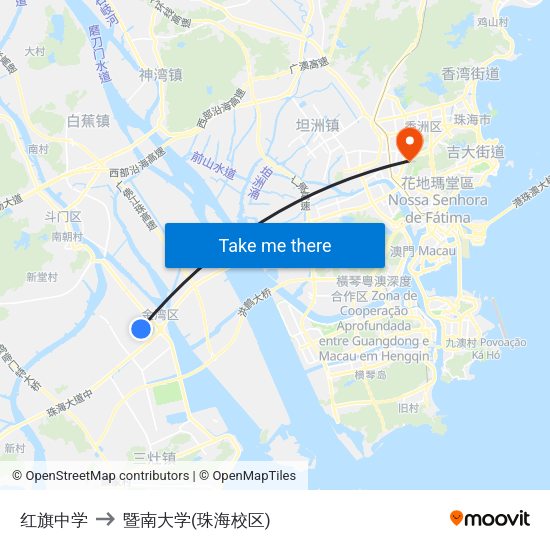 红旗中学 to 暨南大学(珠海校区) map