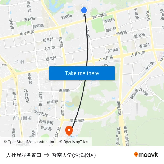人社局服务窗口 to 暨南大学(珠海校区) map