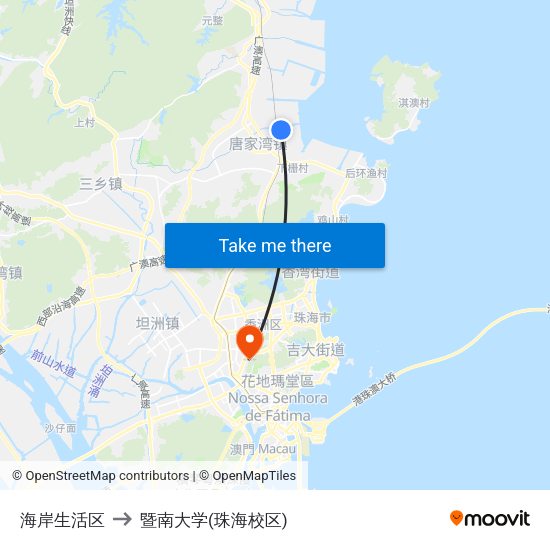 海岸生活区 to 暨南大学(珠海校区) map