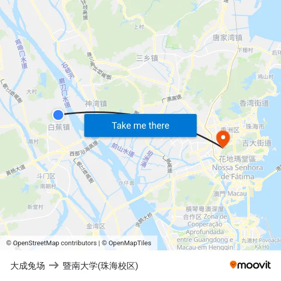 大成兔场 to 暨南大学(珠海校区) map