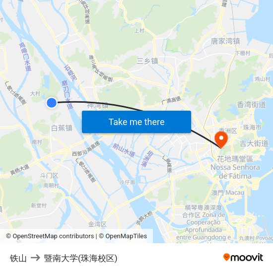 铁山 to 暨南大学(珠海校区) map