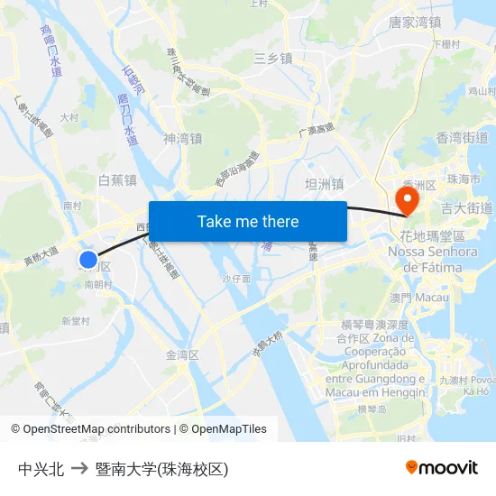 中兴北 to 暨南大学(珠海校区) map
