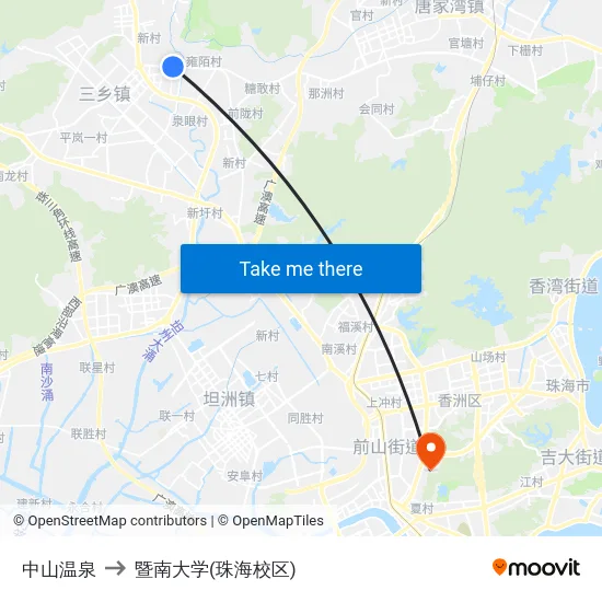 中山温泉 to 暨南大学(珠海校区) map