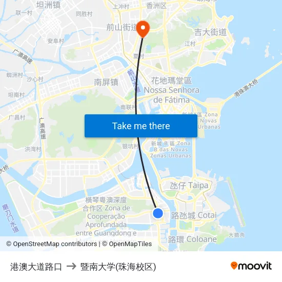港澳大道路口 to 暨南大学(珠海校区) map