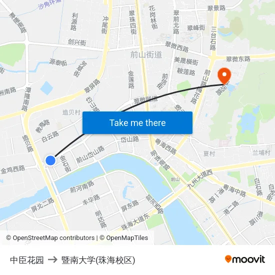 中臣花园 to 暨南大学(珠海校区) map