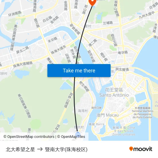 北大希望之星 to 暨南大学(珠海校区) map
