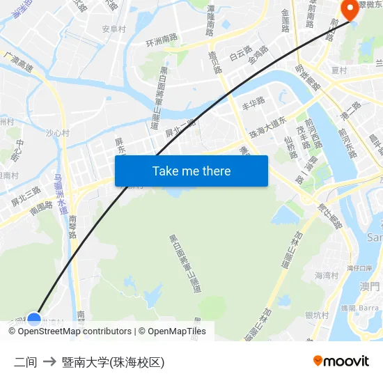 二间 to 暨南大学(珠海校区) map