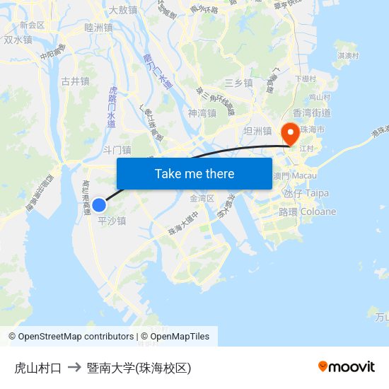 虎山村口 to 暨南大学(珠海校区) map