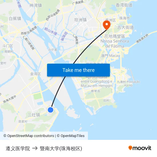 遵义医学院 to 暨南大学(珠海校区) map