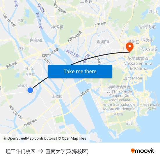 理工斗门校区 to 暨南大学(珠海校区) map