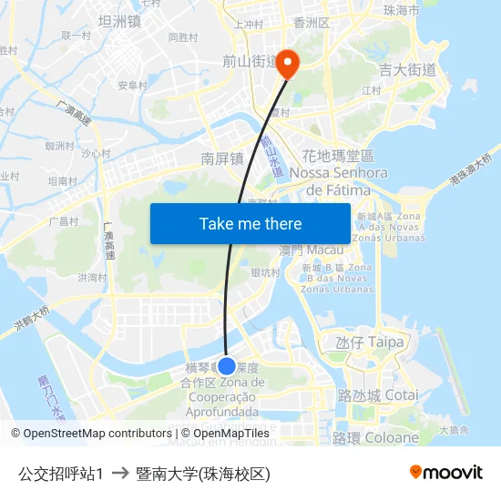 公交招呼站1 to 暨南大学(珠海校区) map
