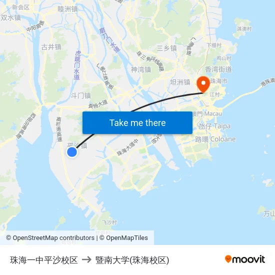 珠海一中平沙校区 to 暨南大学(珠海校区) map