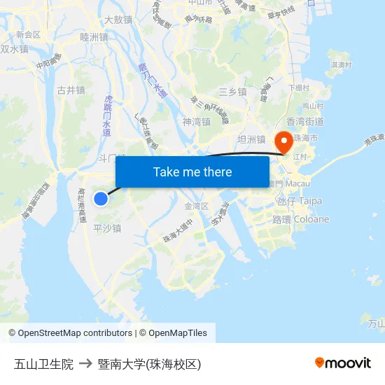 五山卫生院 to 暨南大学(珠海校区) map