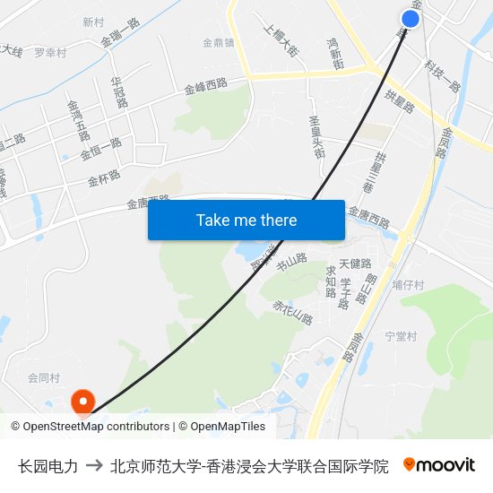 长园电力 to 北京师范大学-香港浸会大学联合国际学院 map