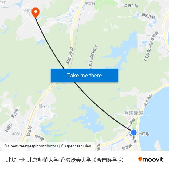 北堤 to 北京师范大学-香港浸会大学联合国际学院 map