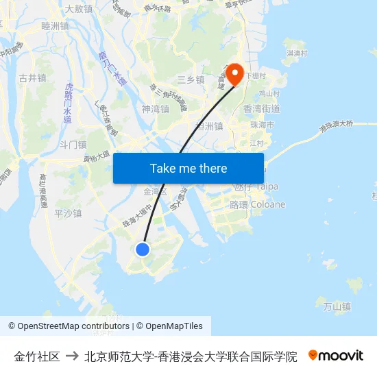 金竹社区 to 北京师范大学-香港浸会大学联合国际学院 map
