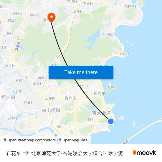 石花东 to 北京师范大学-香港浸会大学联合国际学院 map