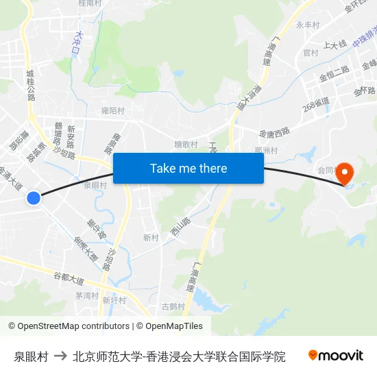 泉眼村 to 北京师范大学-香港浸会大学联合国际学院 map