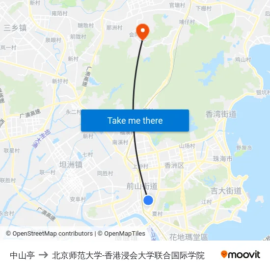 中山亭 to 北京师范大学-香港浸会大学联合国际学院 map