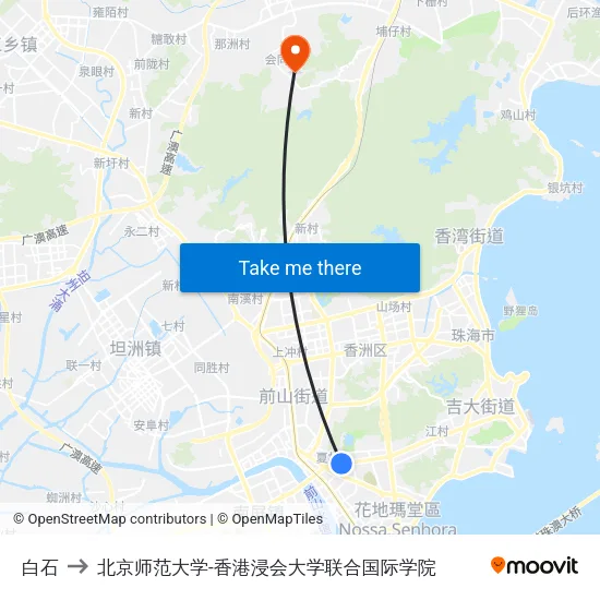 白石 to 北京师范大学-香港浸会大学联合国际学院 map