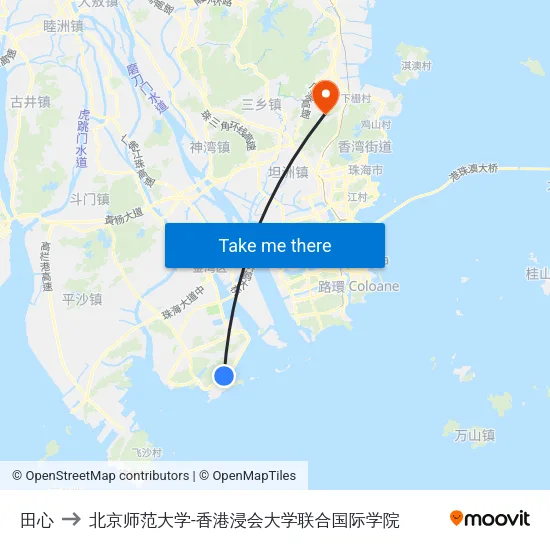 田心 to 北京师范大学-香港浸会大学联合国际学院 map