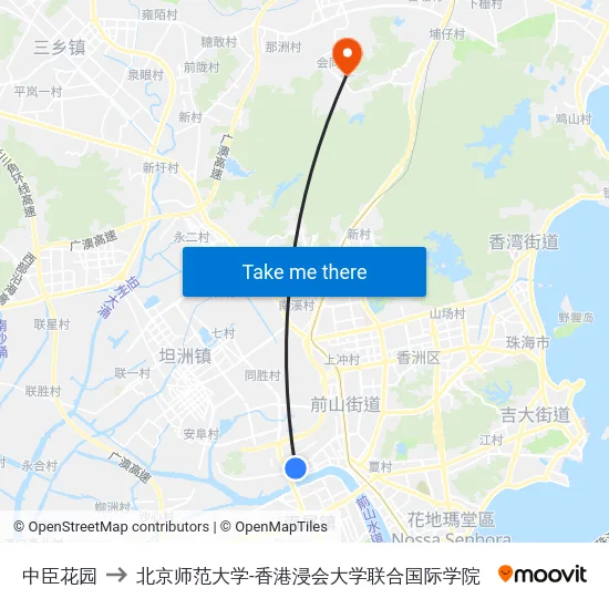 中臣花园 to 北京师范大学-香港浸会大学联合国际学院 map