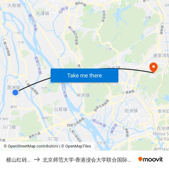 横山红砖场 to 北京师范大学-香港浸会大学联合国际学院 map