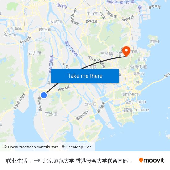 联业生活区 to 北京师范大学-香港浸会大学联合国际学院 map