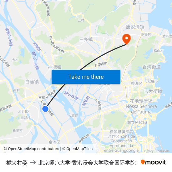 栀夹村委 to 北京师范大学-香港浸会大学联合国际学院 map