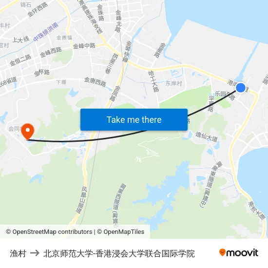 渔村 to 北京师范大学-香港浸会大学联合国际学院 map