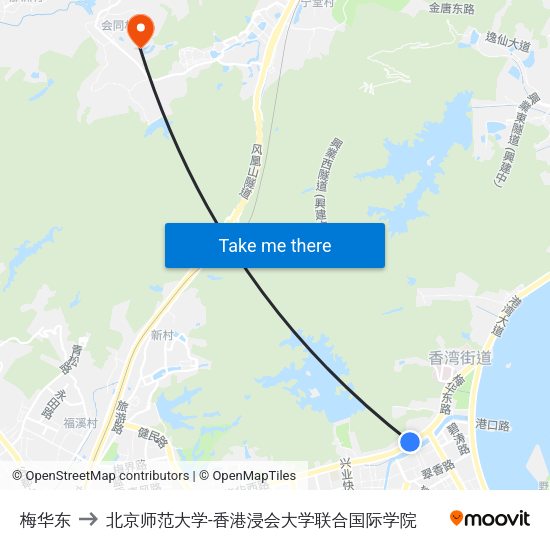 梅华东 to 北京师范大学-香港浸会大学联合国际学院 map