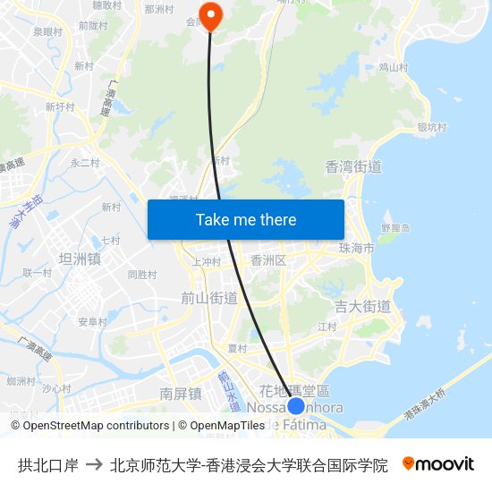 拱北口岸 to 北京师范大学-香港浸会大学联合国际学院 map