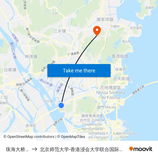 珠海大桥东 to 北京师范大学-香港浸会大学联合国际学院 map