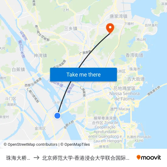 珠海大桥西 to 北京师范大学-香港浸会大学联合国际学院 map