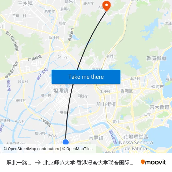 屏北一路西 to 北京师范大学-香港浸会大学联合国际学院 map