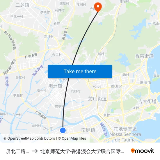 屏北二路中 to 北京师范大学-香港浸会大学联合国际学院 map