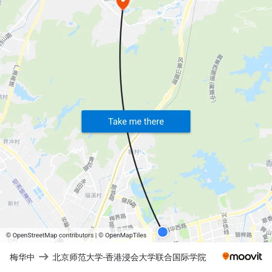 梅华中 to 北京师范大学-香港浸会大学联合国际学院 map