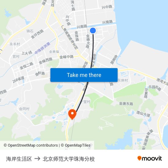 海岸生活区 to 北京师范大学珠海分校 map