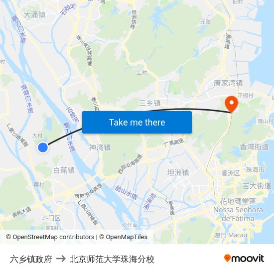 六乡镇政府 to 北京师范大学珠海分校 map