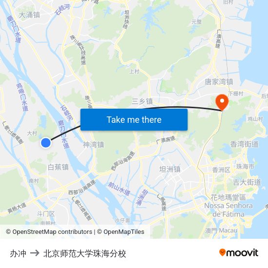 办冲 to 北京师范大学珠海分校 map