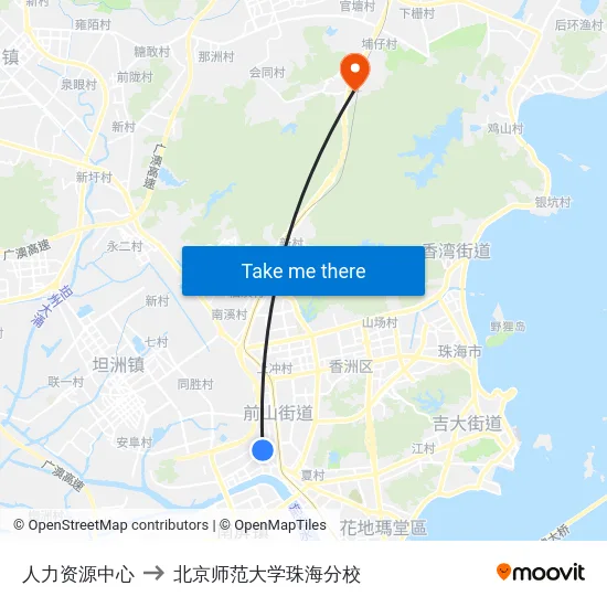 人力资源中心 to 北京师范大学珠海分校 map