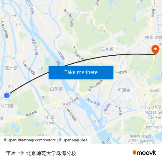 李屋 to 北京师范大学珠海分校 map